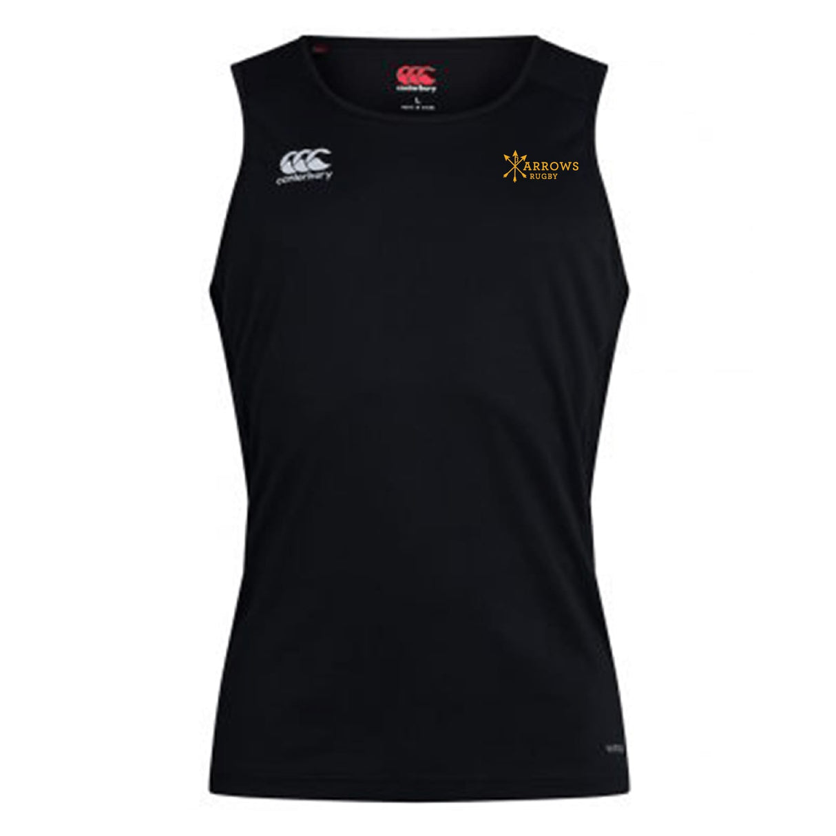 The EMB Canterbury Arrows Rugby Club Club Dry Singlet is a sleeveless black athletic top with "Arrows Rugby," a small arrow graphic on the left chest, and two Canterbury logos—ideal for performance-focused training.