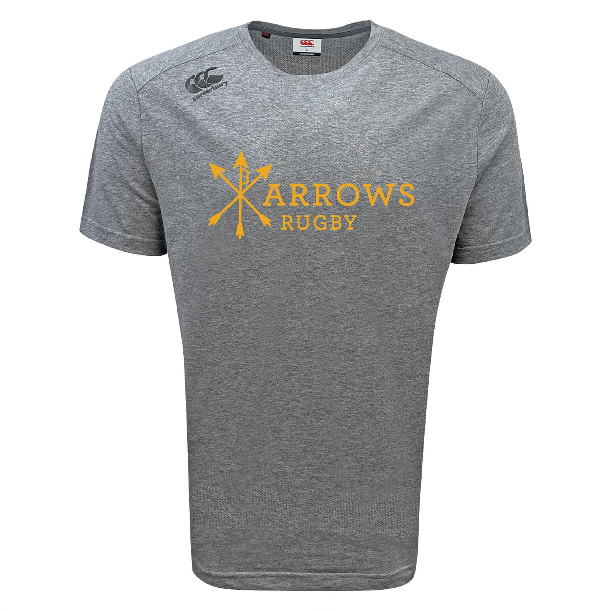 The WRS Canterbury Arrows Rugby Club Tempo Vapodri T-Shirt is a heather grey, moisture-wicking tee with "Arrows Rugby" and four yellow crossed arrows on the front plus a small right shoulder logo, keeping you cool and comfortable all day.