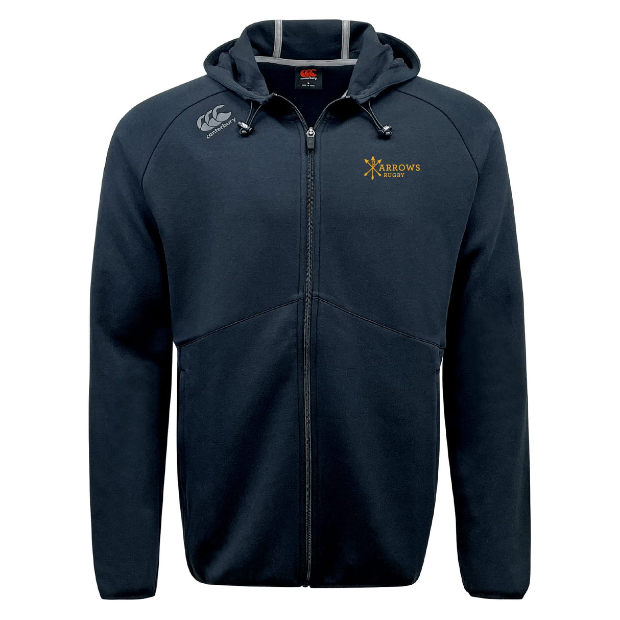 The Arrows Rugby Club Tempo Vapodri Full-Zip Hoodie by EMB Canterbury is a black, moisture-wicking hoodie with a hood and drawstrings, featuring the "Arrows Rugby" and Canterbury logos on the front—ideal for fans and athletes.
