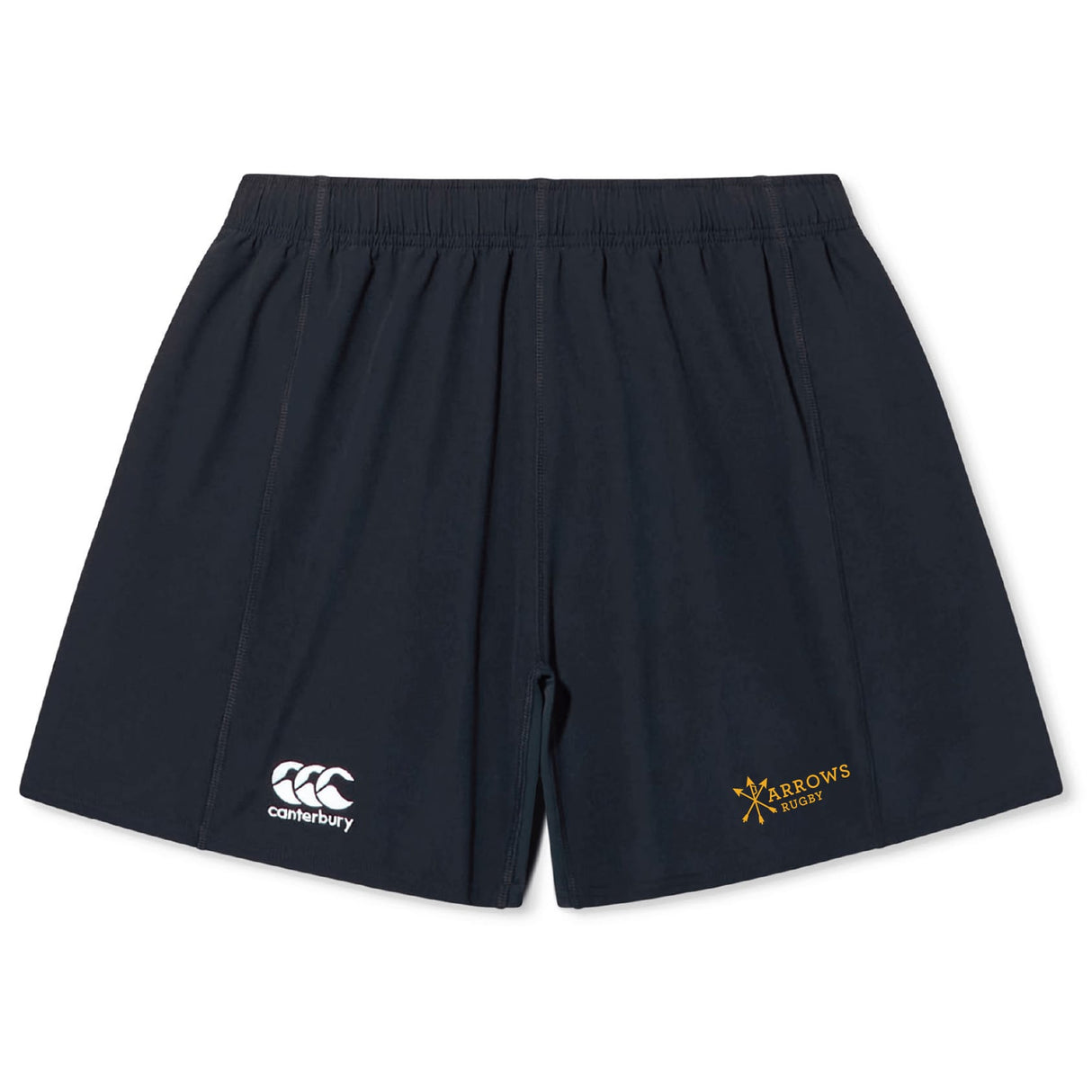 The Arrows Rugby Club Yokohama Short by EMB Canterbury features an elastic waistband, a white Canterbury logo on the left, and a yellow Arrows Rugby logo on the right—perfect for training or matches.