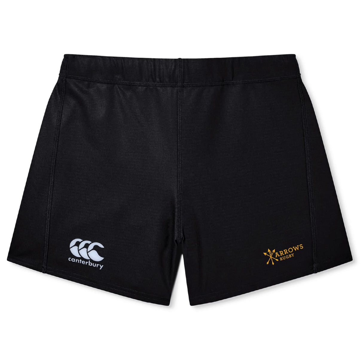 The Arrows Rugby Club Women's Yokohama Short by EMB Canterbury features the Canterbury logo on the left leg and Arrows Rugby logo on the right, shown on a white background—perfect for rugby fans and players.