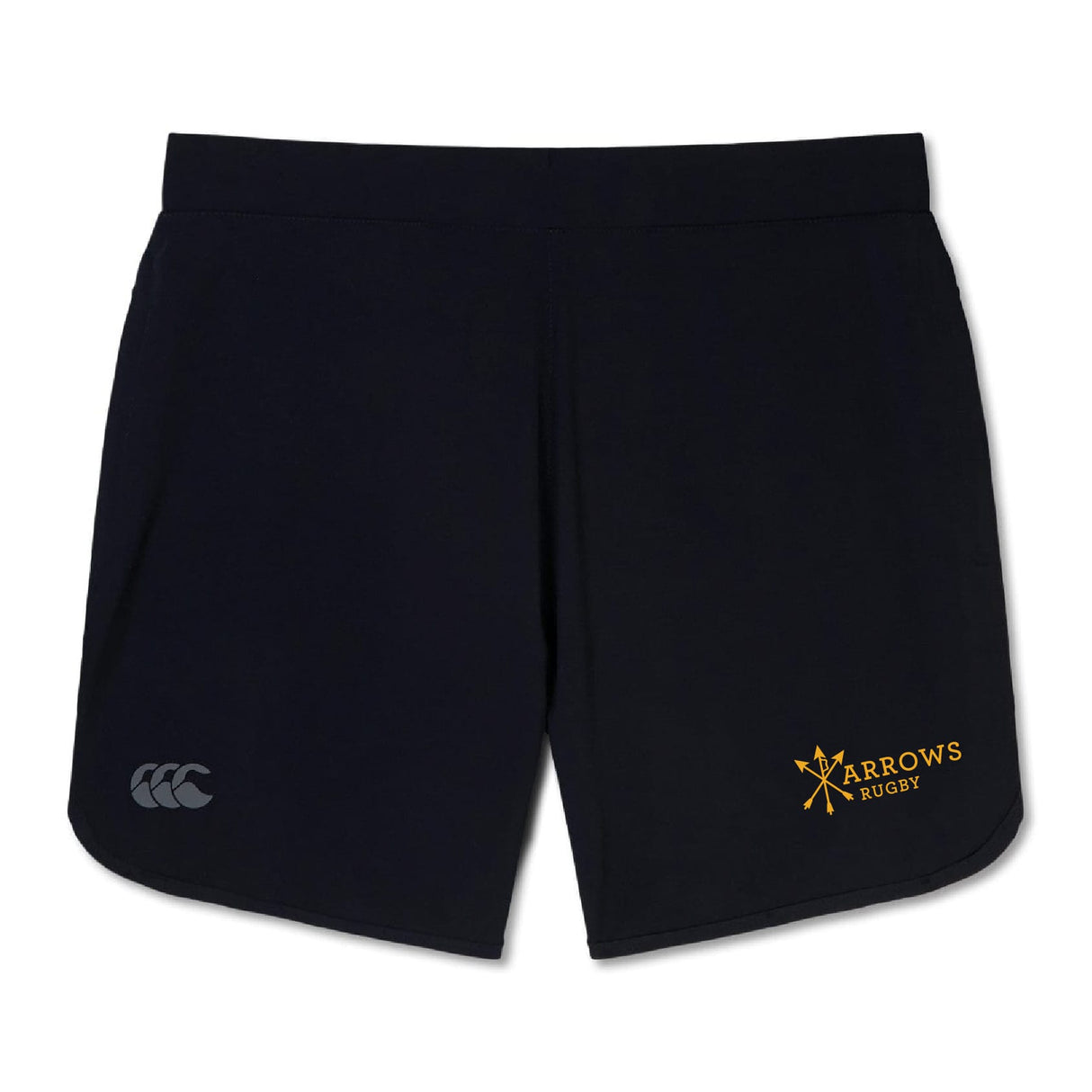 The Arrows Rugby Club Women's Elite Woven Short by EMB Canterbury features a grey Canterbury logo on the left thigh, a yellow "Arrows Rugby" logo with arrows on the right thigh, and zippered pockets for secure storage during workouts.
