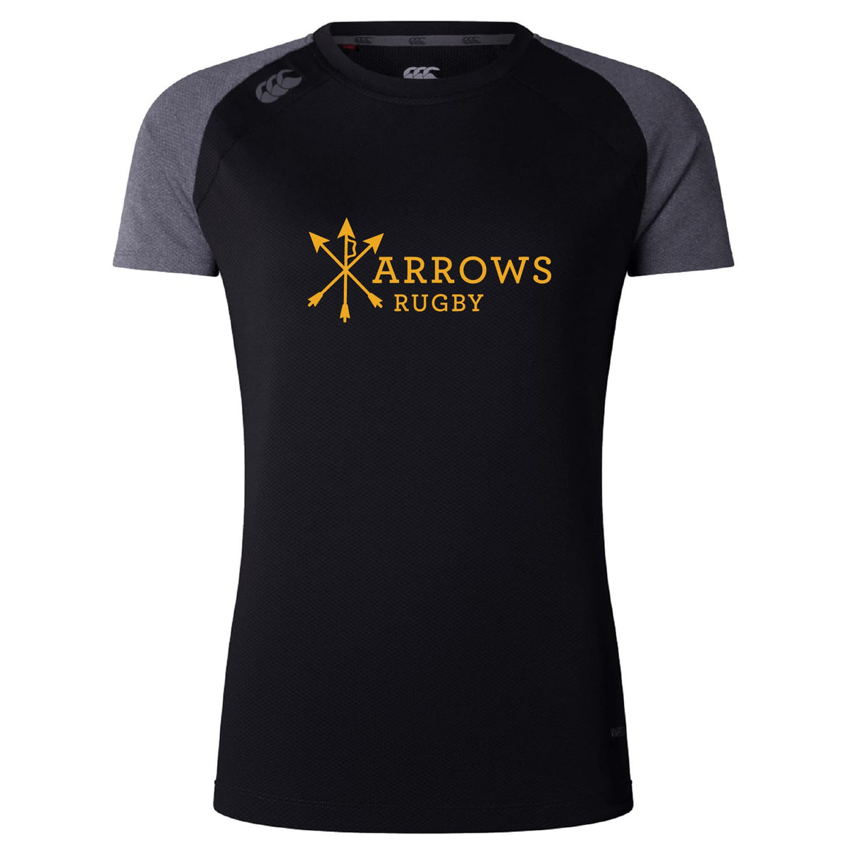 The Arrows Rugby Club Women's Elite Training Tee by WRS Canterbury is a black and gray short-sleeve shirt featuring "ARROWS RUGBY" and three yellow arrows on the front. Lightweight for comfort and performance.