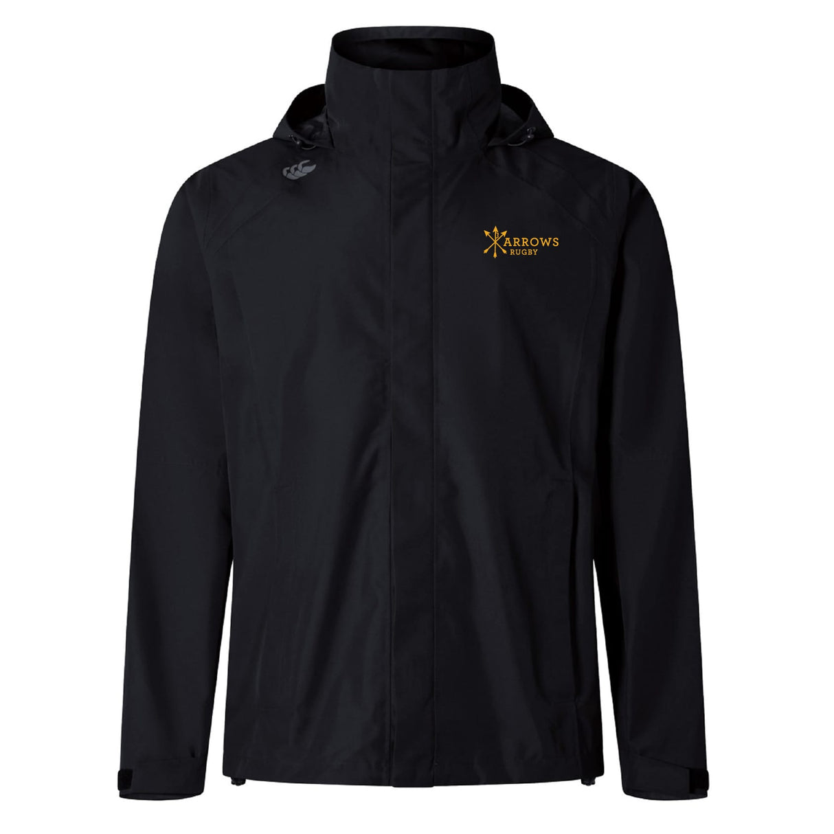 The Arrows Rugby Club Elite Storm Jacket by Canterbury is a black zip-front jacket with the Arrows Rugby logo in yellow on the left chest. Made by EMB Canterbury with Vaposhield tech, it’s waterproof to keep you dry and comfortable.
