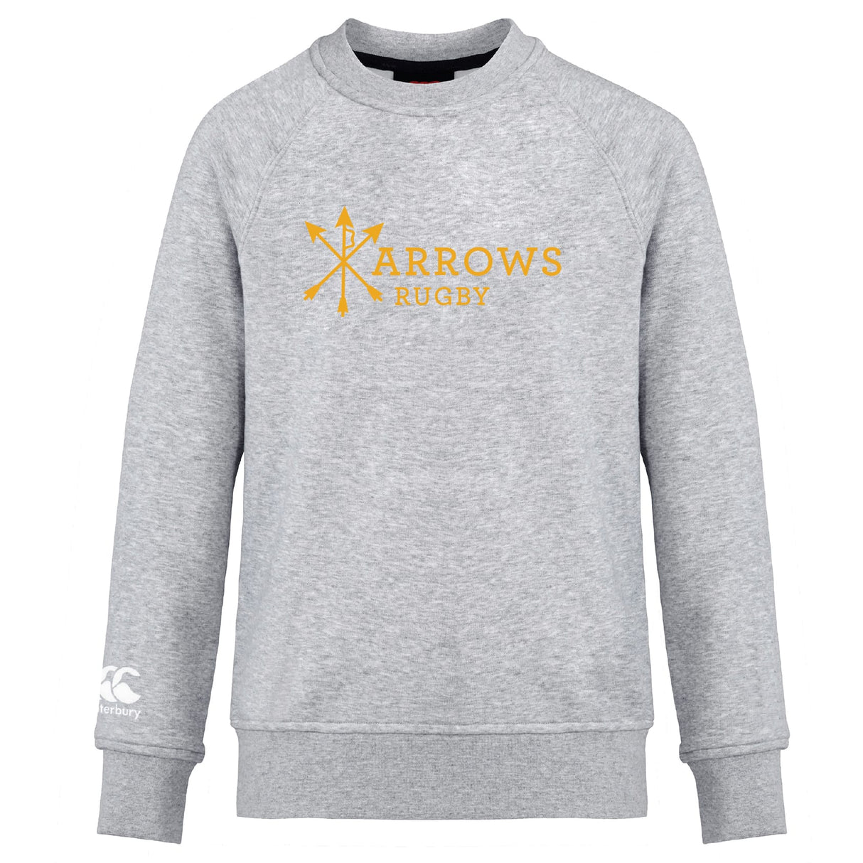 The Arrows Rugby Club Crew Sweatshirt by Canterbury features "ARROWS RUGBY" in yellow with crossed arrows, an embroidered CCC logo on the left sleeve, and ultra soft fabric for comfort and style. Brand: WRS Canterbury.