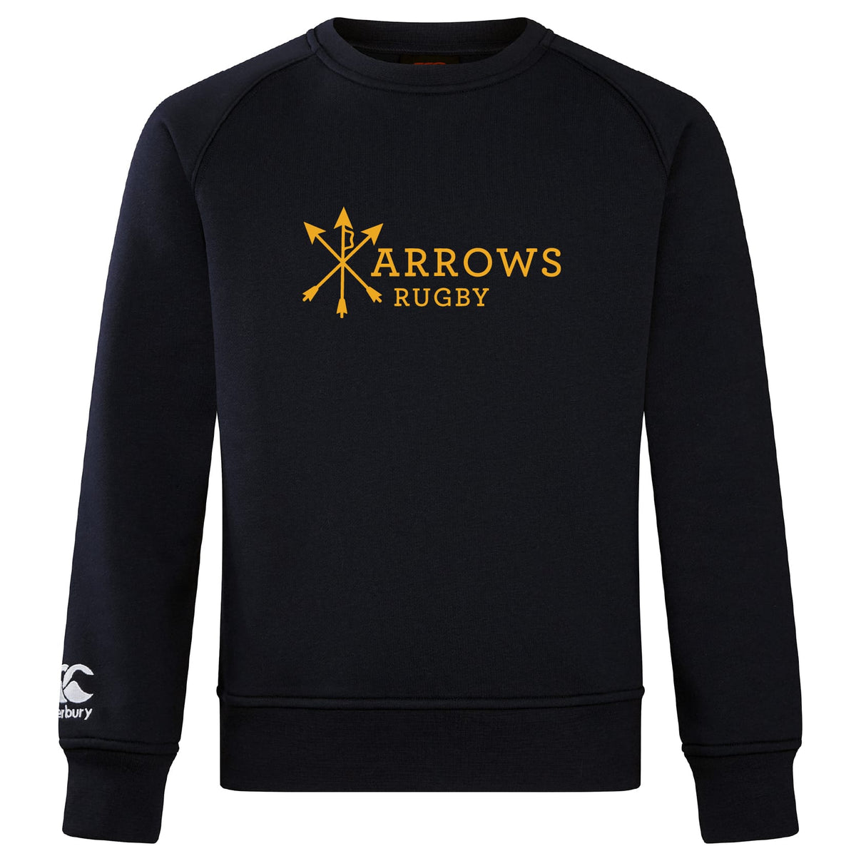 The Arrows Rugby Club Crew Sweatshirt by WRS Canterbury features “Arrows Rugby” and yellow crossed arrows on the front, plus an embroidered CCC logo on the left sleeve. Ultra soft for maximum comfort.