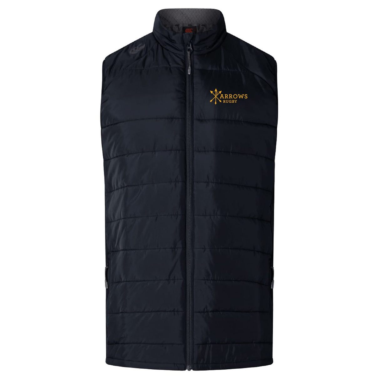 The EMB Canterbury Arrows Rugby Club Elite Microlite Gilet features black quilted insulation, a front zipper, and a yellow "Arrows Rugby" chest logo for warmth and comfort in signature Canterbury style.