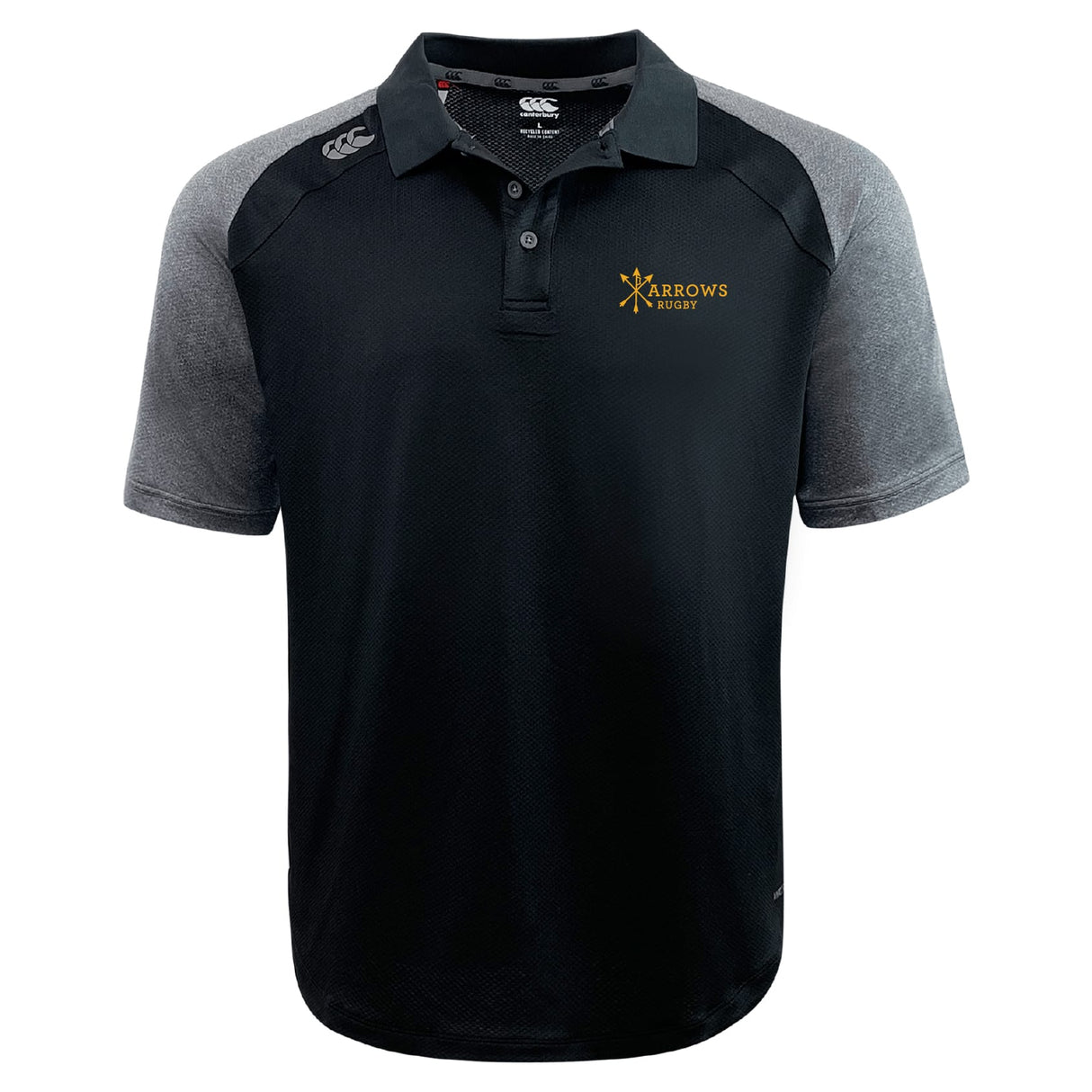 The Arrows Rugby Club Elite Polo by EMB Canterbury features Vapodri fabric for comfort, a lightweight design, a classic collar, and the "Arrows Rugby" logo on the left chest.