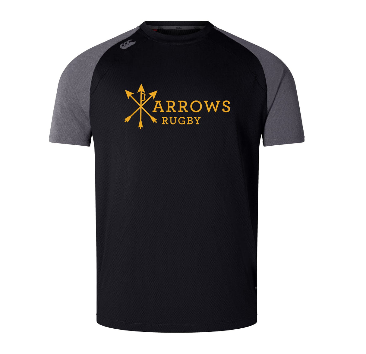 The WRS Canterbury Arrows Rugby Club Elite Training Tee is a black and grey short-sleeve shirt with "Arrows Rugby" and a yellow crossed arrows graphic on the front, made from lightweight, durable material by Canterbury.