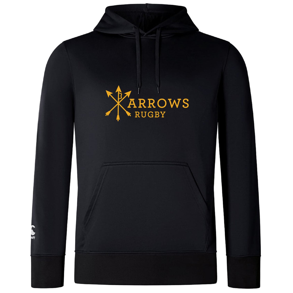 The Arrows Rugby Club Lightweight Hoodie by WRS Canterbury features “Arrows Rugby” in yellow, three crossed arrows above a spacious kangaroo pocket, and classic Canterbury Club styling.
