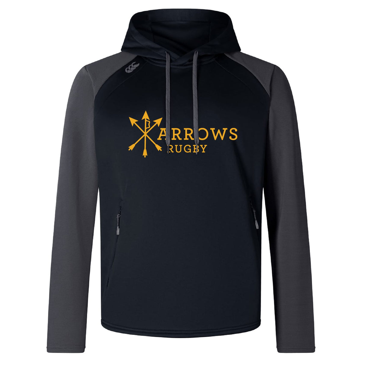 The Arrows Rugby Club Elite Training Hoody by WRS Canterbury features "Arrows Rugby" and a yellow arrow logo on the chest—a premium black and gray hoody ideal for training or casual wear.