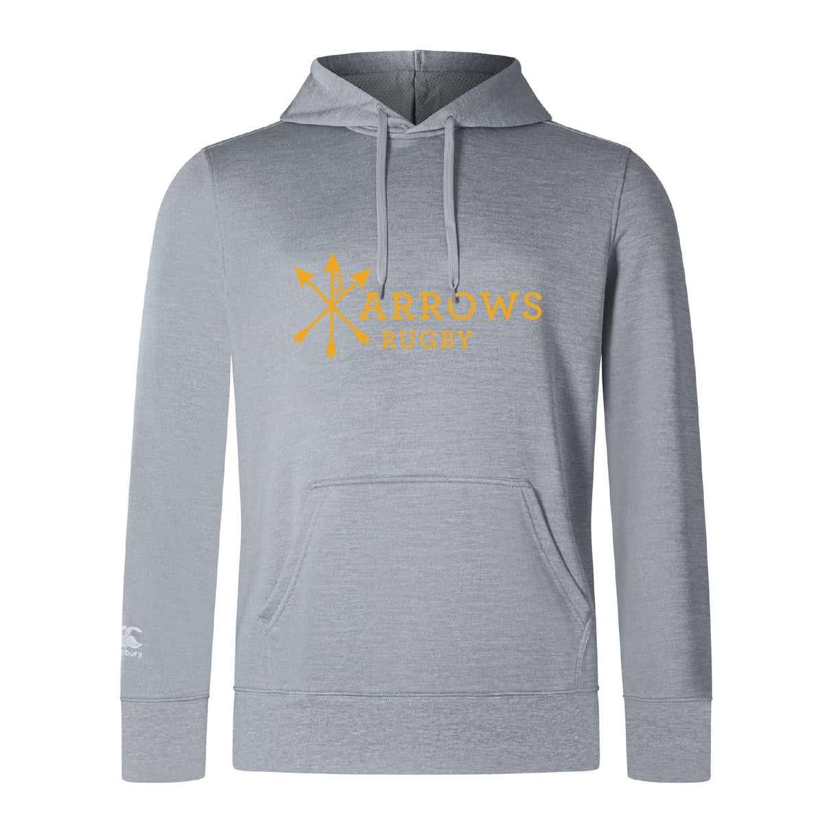 The WRS Canterbury Arrows Rugby Club Lightweight Hoodie features light gray fabric, a kangaroo pocket, adjustable drawstrings, and yellow "Arrows Rugby" text with arrow graphics—ideal for Canterbury Club supporters.
