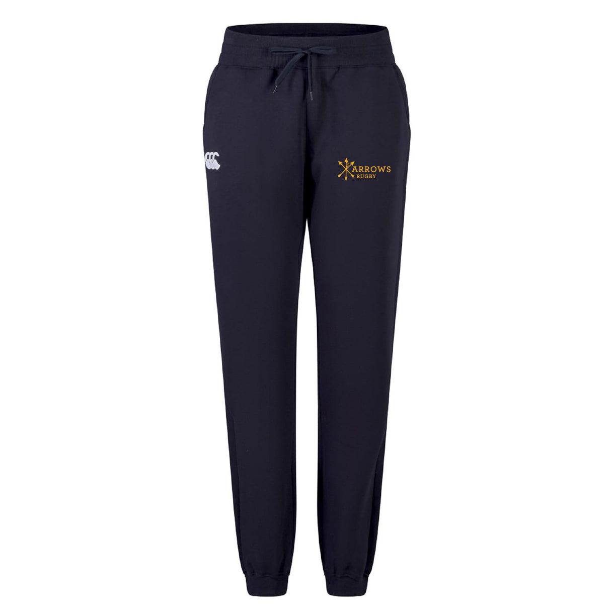 The Arrows Rugby Club Women's Leisure Sweatpant by EMB Canterbury features a drawstring waist, elastic cuffs, and front logos—a white Canterbury emblem and yellow Arrows Rugby crest—for comfort and sporty style.