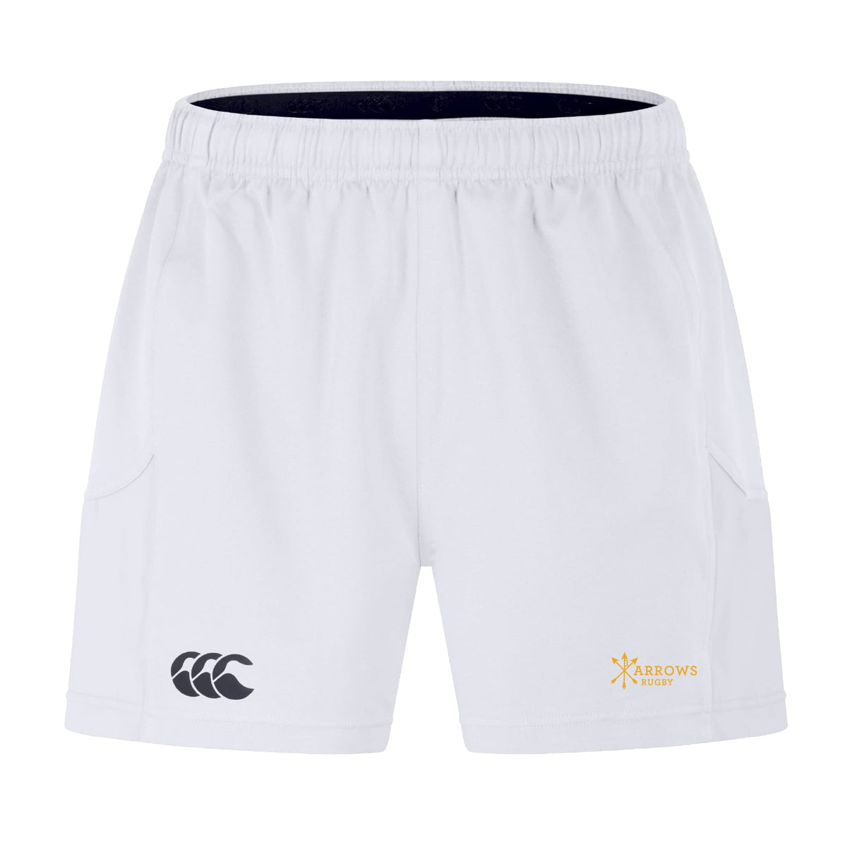 The Arrows Rugby Club Advantage Short 2.0 by EMB Canterbury features an elastic waistband, side pockets, and black and yellow logos on each leg—a modern, sustainable sportswear design.