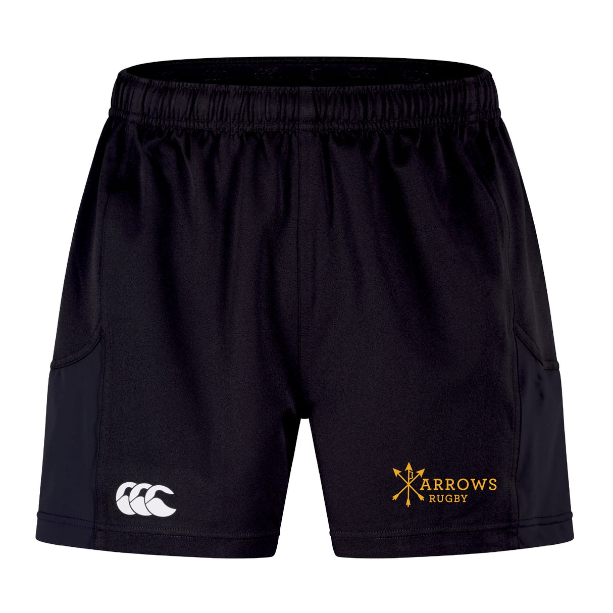 The Arrows Rugby Club Advantage Short 2.0 by EMB Canterbury features the CCC logo on the left leg and the yellow Arrows Rugby logo on the right, delivering sustainable sportswear excellence.