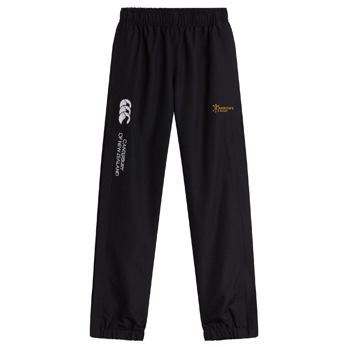 The Arrows Rugby Club Cuffed Hem Stadium Pant by EMB Canterbury features black fabric, an elastic waistband, white "Canterbury of New Zealand" text and logo on one leg, a yellow Xamax logo on the other, and comfortable cuffed hems.