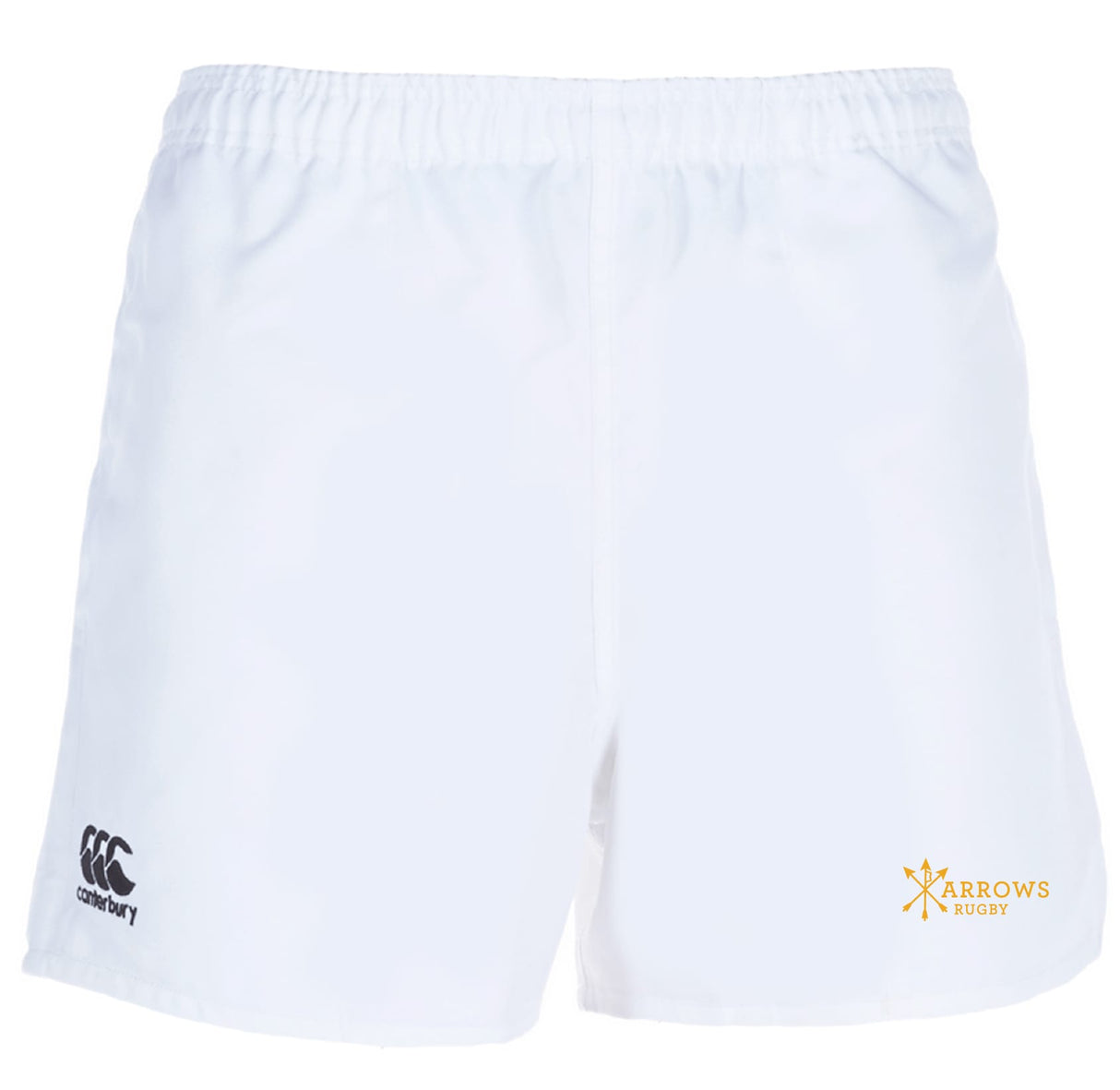 The Arrows Rugby Club Advantage Rugby Shorts by EMB Canterbury feature an elastic waistband, moisture-wicking fabric, and logos on both legs to keep you cool and comfortable during intense play.