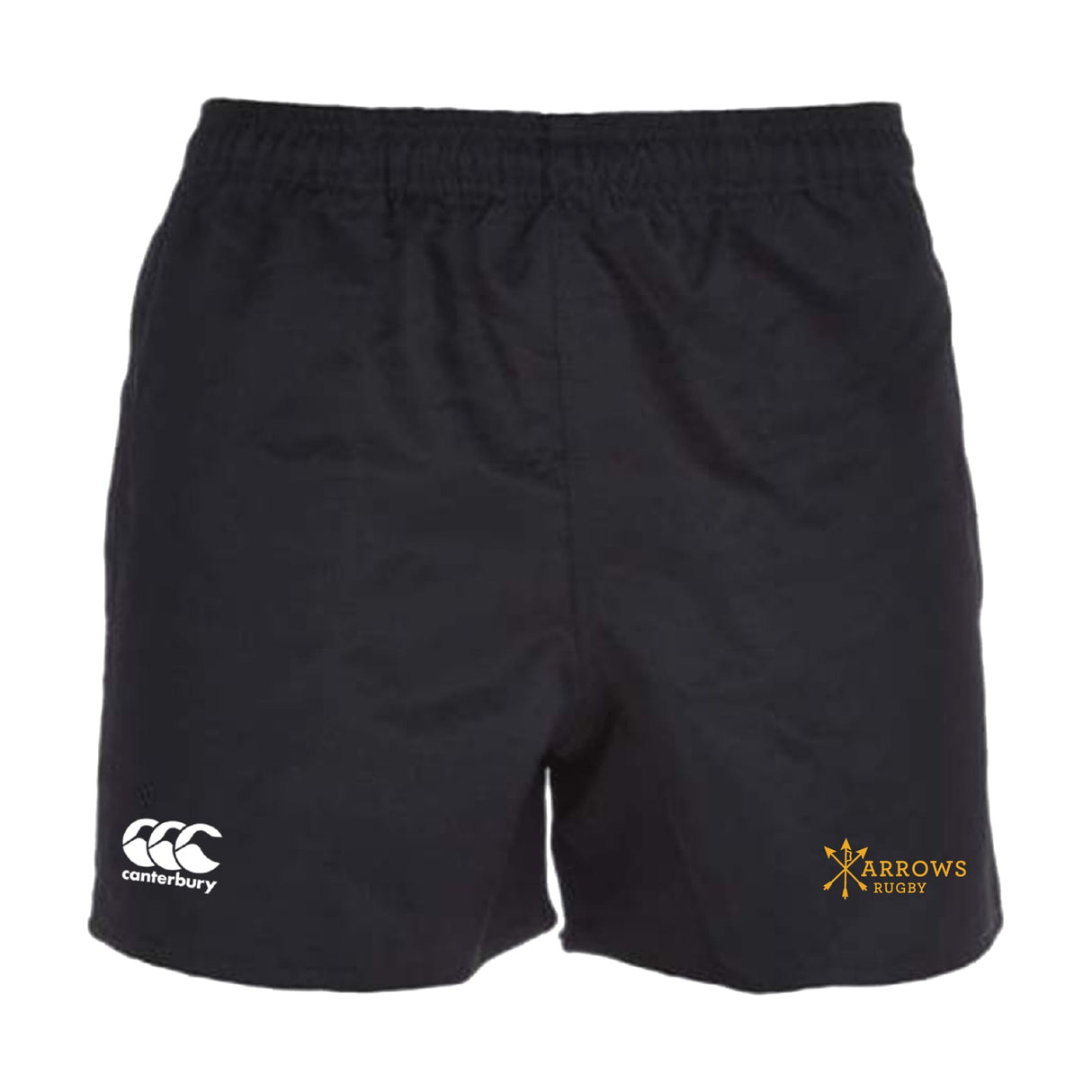 The Arrows Rugby Club Advantage Rugby Shorts by EMB Canterbury feature an elastic waistband, CCC logo on the left leg, and Arrows Rugby logo on the right. Designed for comfort and performance.