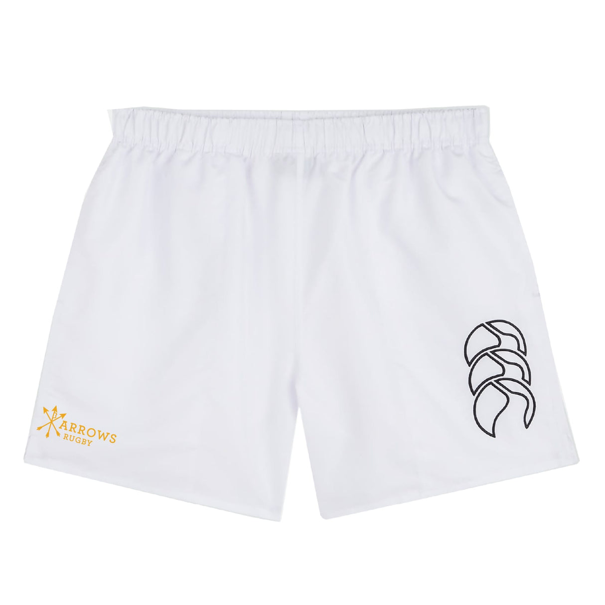 The Arrows Rugby Club Tactic Short by EMB Canterbury features an elastic waistband, black logo on the right leg, and "ARROWS RUGBY" in gold on the left—perfect men's rugby or lightweight gym shorts.