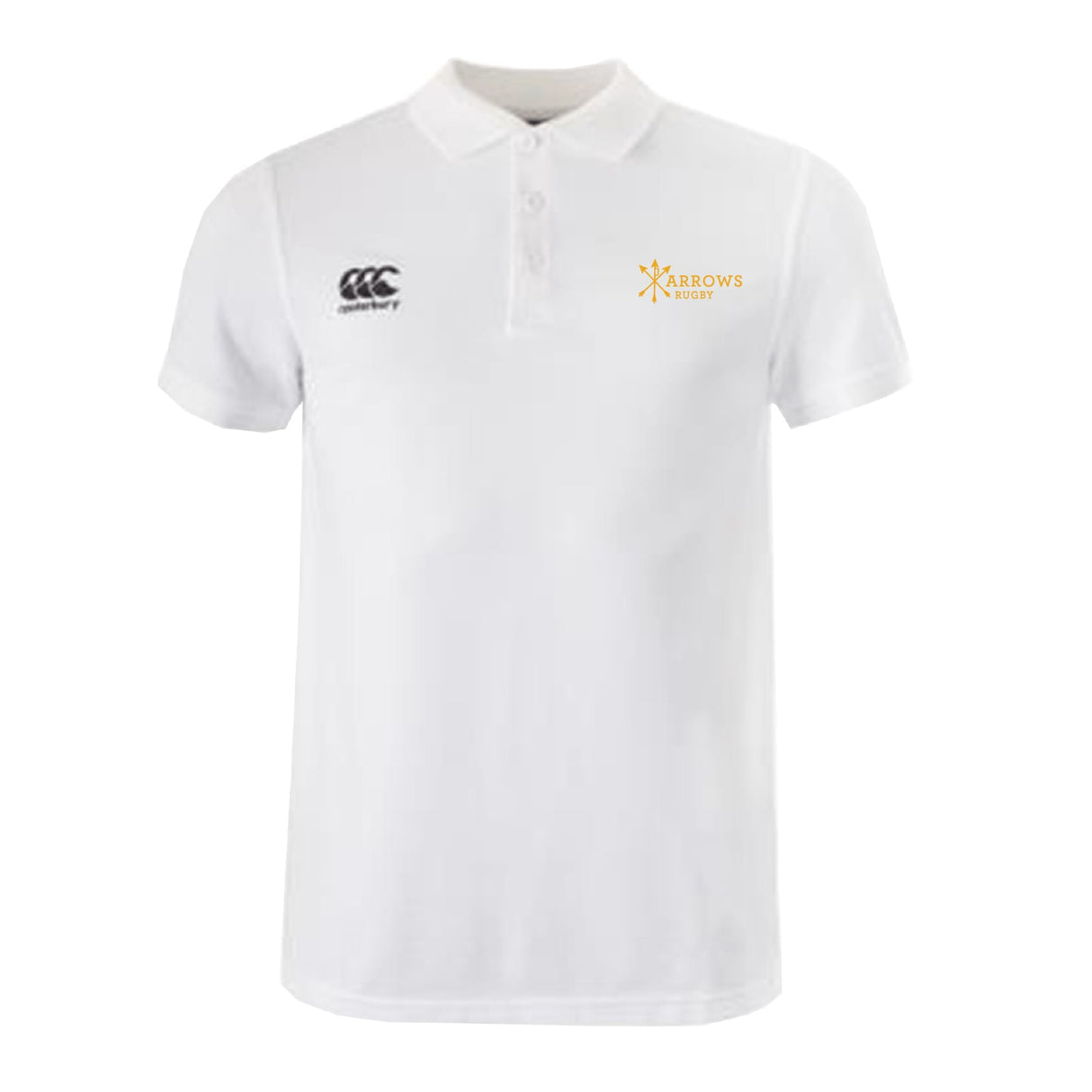 The Arrows Rugby Club Waimak Polo by Canterbury is a white short-sleeve collared shirt from EMB Canterbury, featuring the CCC Waimak Rugby Polo logo on the right chest and the Arrows Rugby logo on the left.
