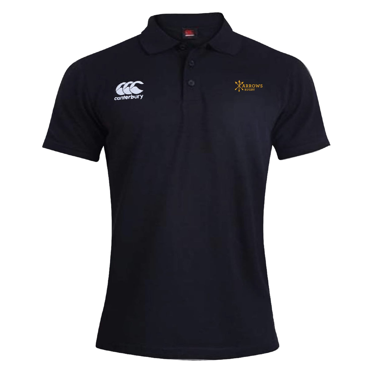 The EMB Canterbury Arrows Rugby Club Waimak Polo is a black short-sleeve collared shirt with the CCC Waimak Rugby Polo logo on the right chest and the Barrows Rugby logo on the left chest.