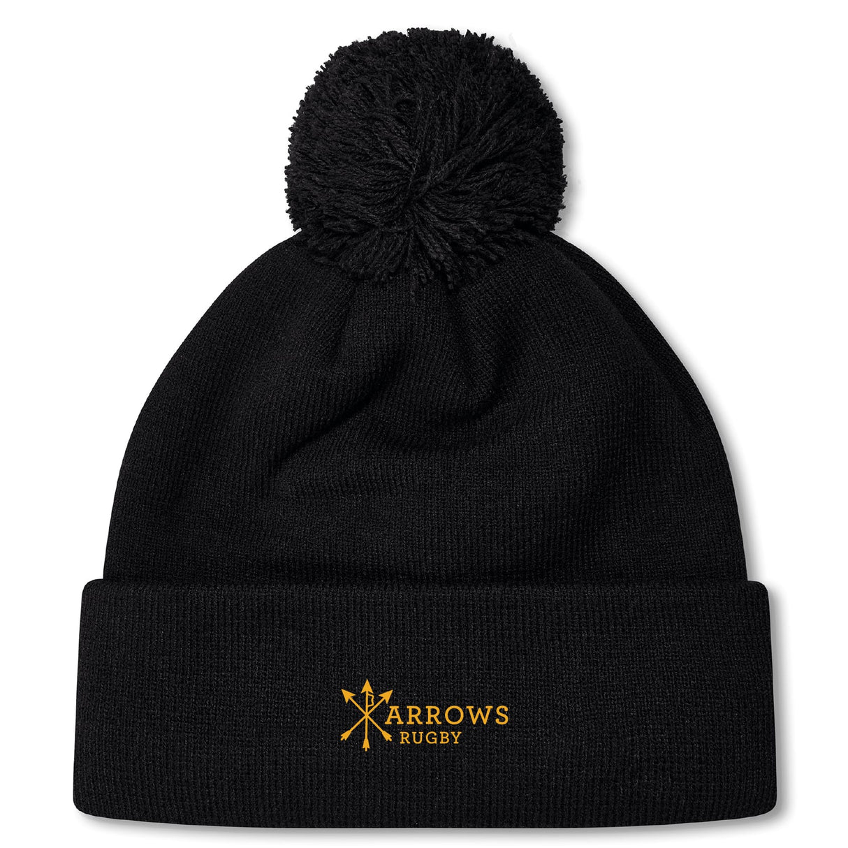 The Arrows Rugby Club Pom Pom Beanie by Canterbury features a black knit, fleece lining, and yellow "Arrows Rugby" logo embroidered on the fold—a cozy EMB Canterbury hat with pom-pom for fans.