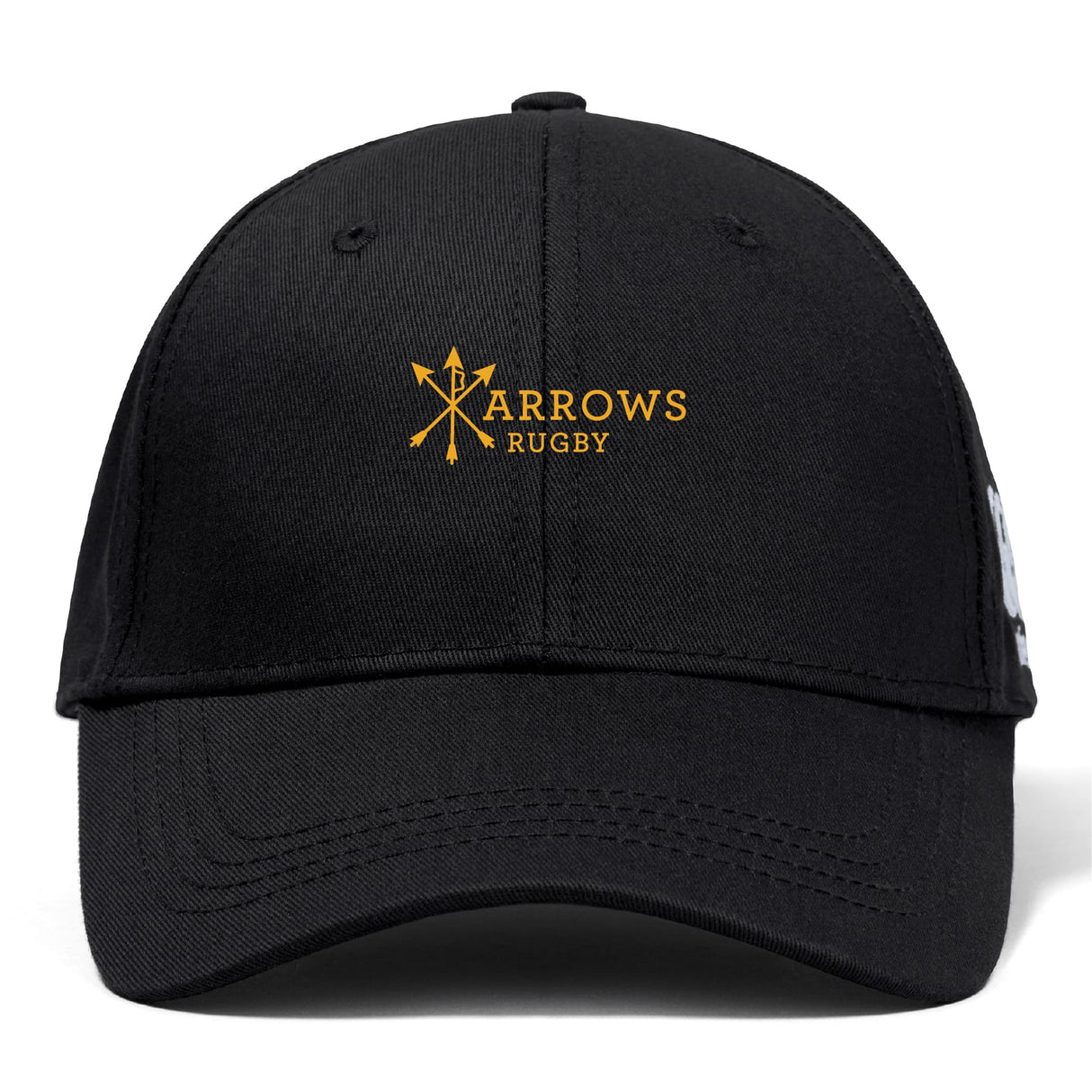 The Arrows Rugby Club Flexfit Drill Cap by EMB Canterbury is a black cap with "Arrows Rugby" and crossed arrows embroidered in yellow on the front, plus the CCC logo on the side.