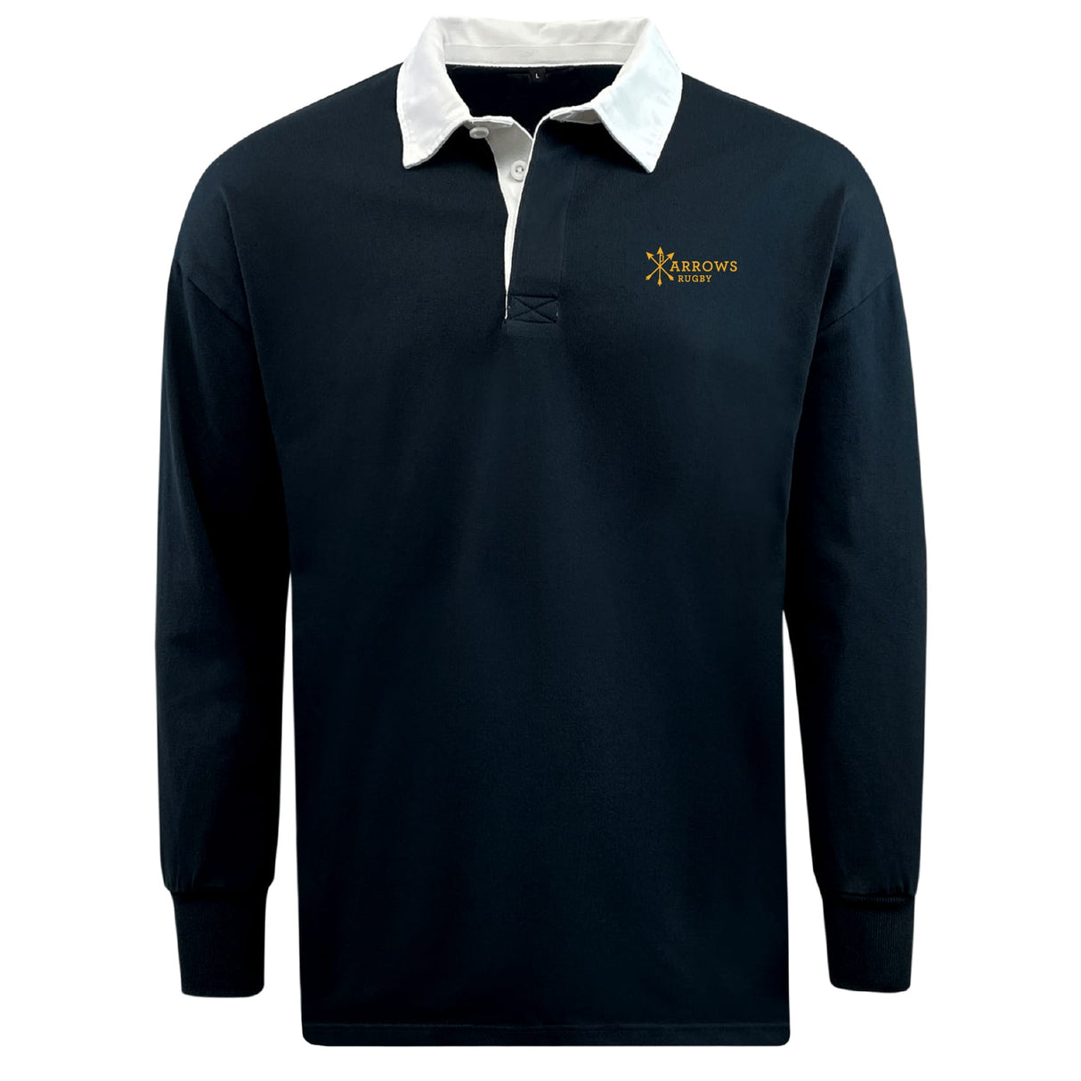The EMB Mudoo Arrows Rugby Club Classic Long Sleeve Solid Rugby Jersey features a black design with a white collar, yellow "ARROWS RUGBY" left chest logo, and is made from a comfortable cotton-poly blend for durability.