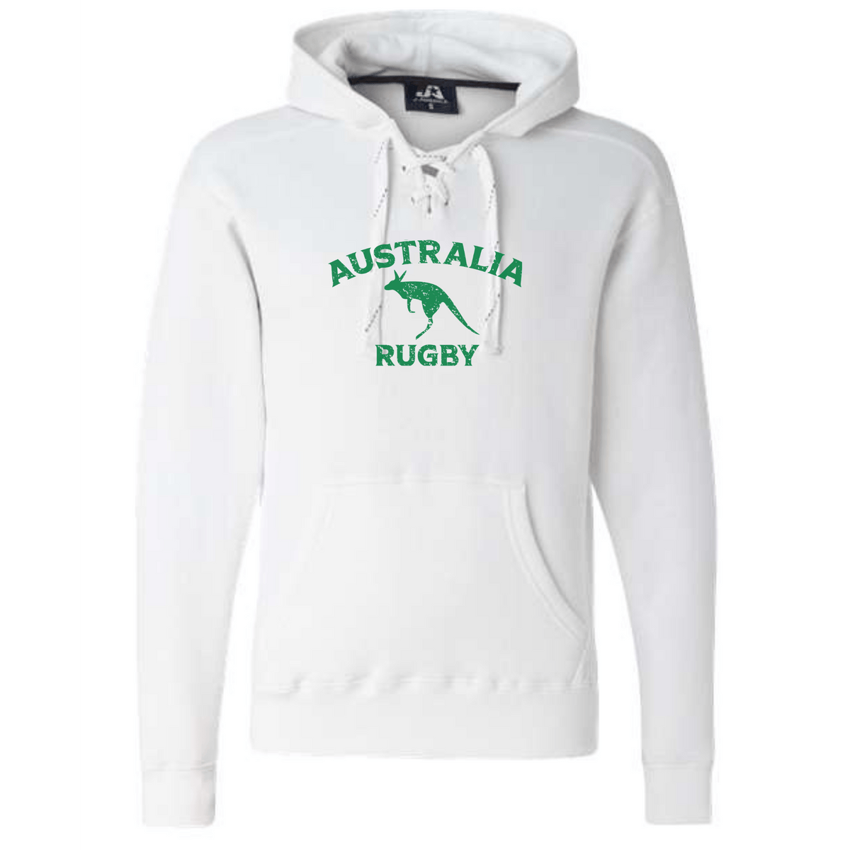 The WRS S&S Activewear Nations of Rugby Australia Rugby Hockey Hoodie is a medium-weight white hoodie with green "AUSTRALIA RUGBY" text and a kangaroo graphic—ideal for Rugby Australia fans.