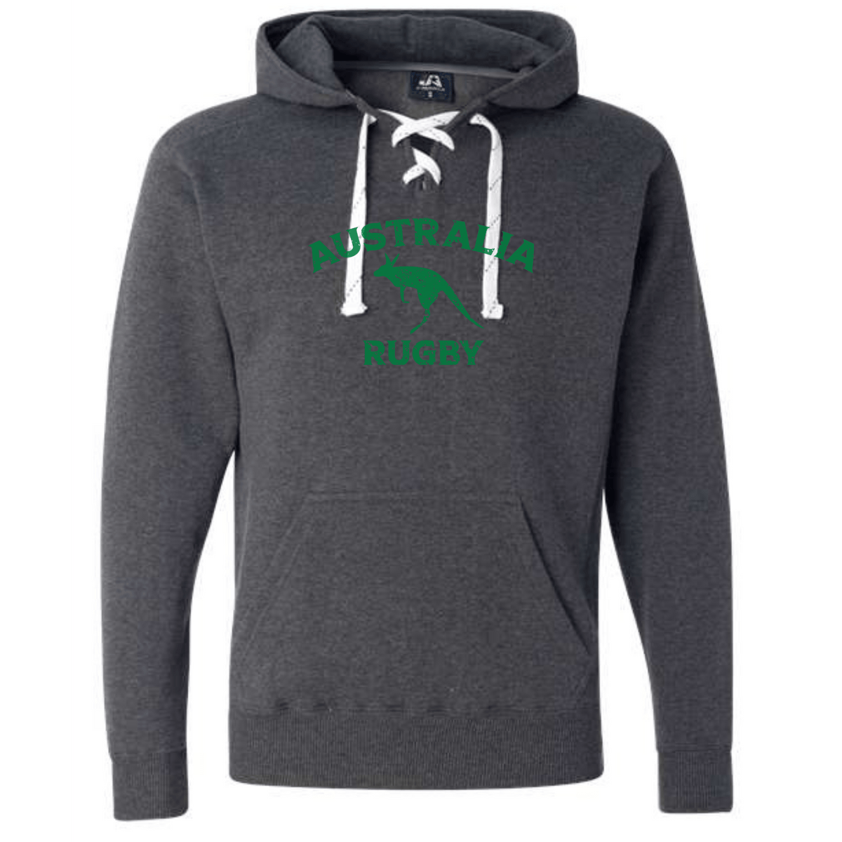 The WRS S&S Activewear Nations of Rugby Australia Rugby Hockey Hoodie is a dark gray, medium weight hoodie with white drawstrings, "AUSTRALIA RUGBY" text, and a green kangaroo graphic—ideal for Rugby Australia fans.