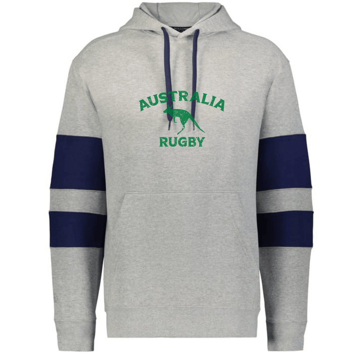 The WRS Augusta Nations of Rugby Australia Jackson Way Hoodie in grey features navy sleeve stripes, "AUSTRALIA RUGBY," and a green kangaroo print—ideal for Rugby Australia fans.