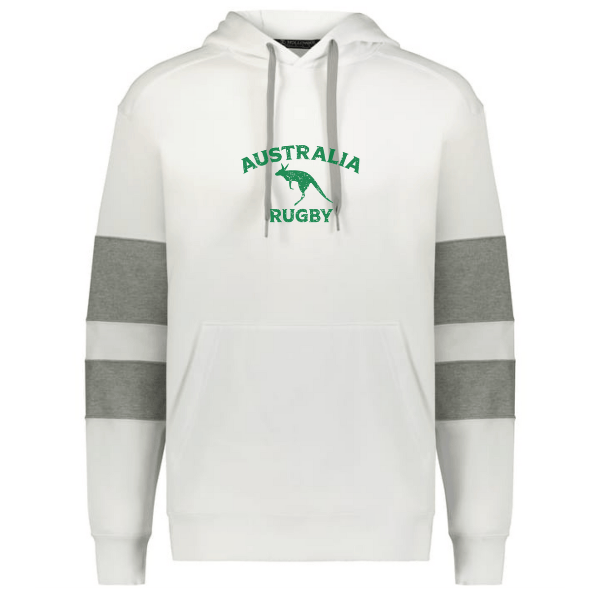 The Nations of Rugby Australia Jackson Way Hoodie by WRS Augusta features grey sleeve bands, a green kangaroo graphic, and "Australia Rugby" on the chest—ideal for any Rugby Australia fan.