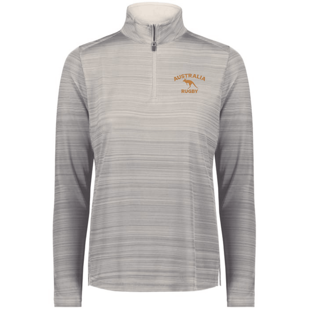 The EMB Augusta Women's Nations of Rugby Australia Pursuit 1/4 Zip Pullover features light gray stripes, "AUSTRALIA RUGBY," and a kangaroo graphic on the left chest—a stylish choice for rugby fans.