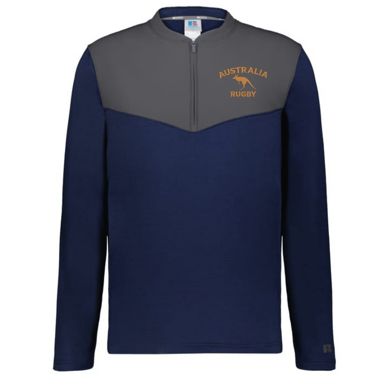 The EMB Augusta Nations of Rugby Australia Sideline Grid 1/4 Zip Pullover features navy and gray colors, "AUSTRALIA RUGBY" text, and a gold kangaroo logo on the upper left chest.