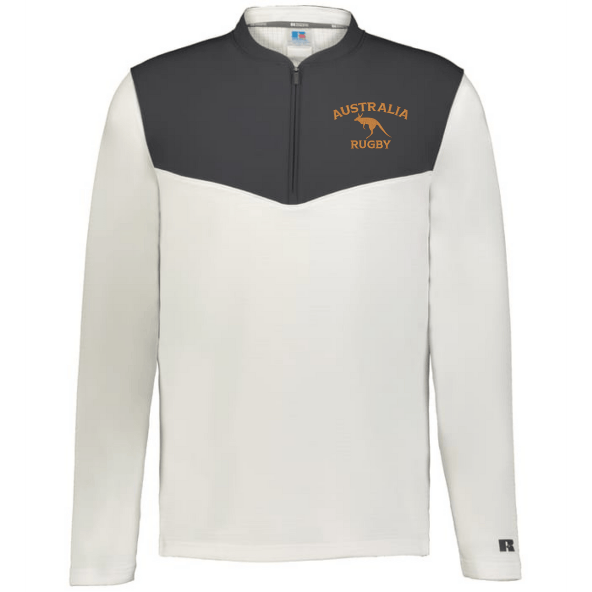 The EMB Augusta Nations of Rugby Australia Sideline Grid 1/4 Zip Pullover features long sleeves, a dark gray upper panel, white lower section, “Australia Rugby” text, and kangaroo logo on the chest—perfect for fans.