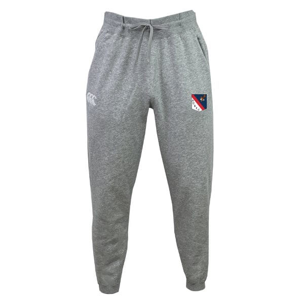 The American University Leisure Sweatpants by EMB Canterbury are gray, made from recycled polyester fleece, and feature a drawstring waist, a small logo on the left thigh, and a patch on the right thigh.