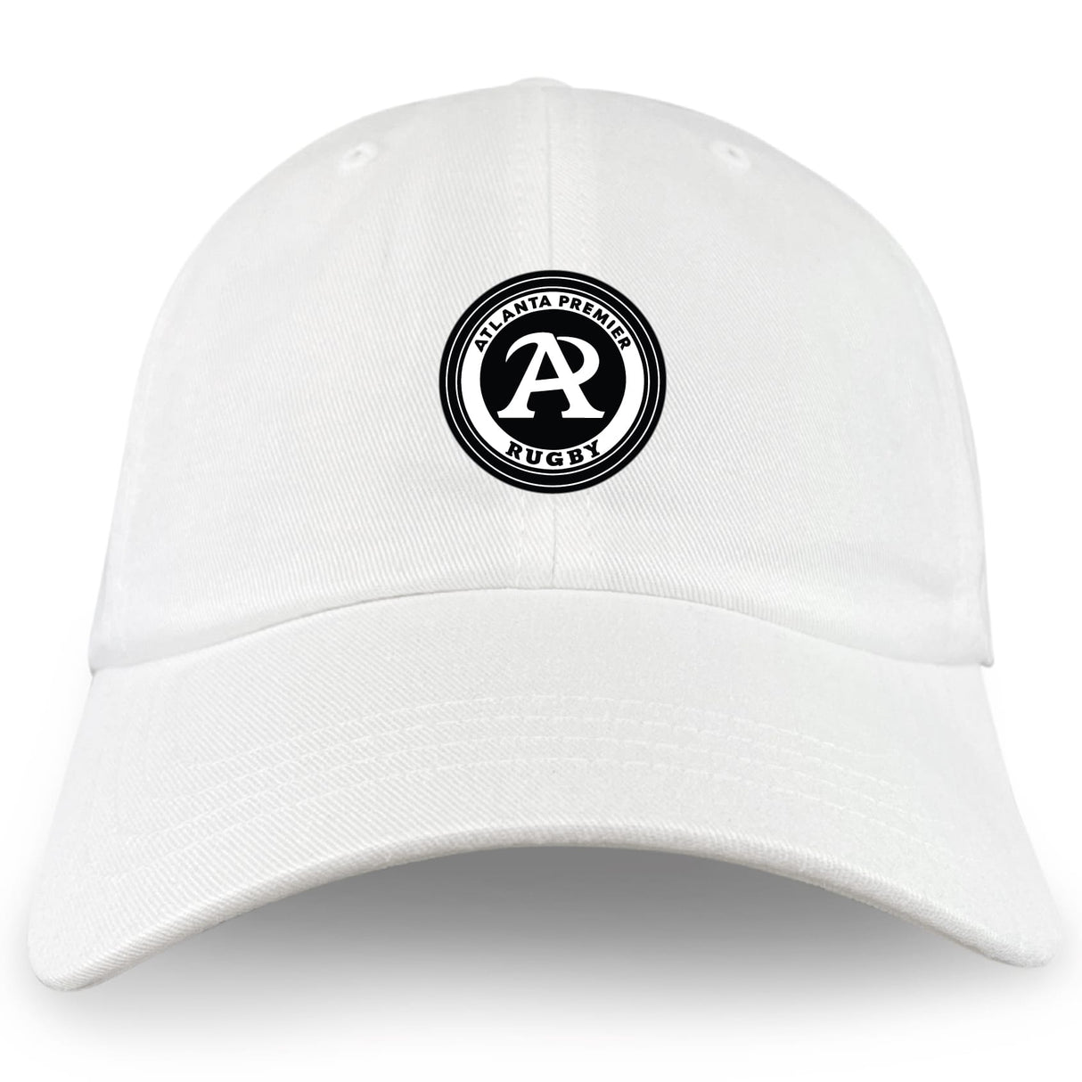 The Atlanta Premier Rugby Club Adult Low-Profile Cotton Twill Dad Cap by EMB S&S Activewear features a circular black and white team logo on front center—a great hat for rugby fans and players.
