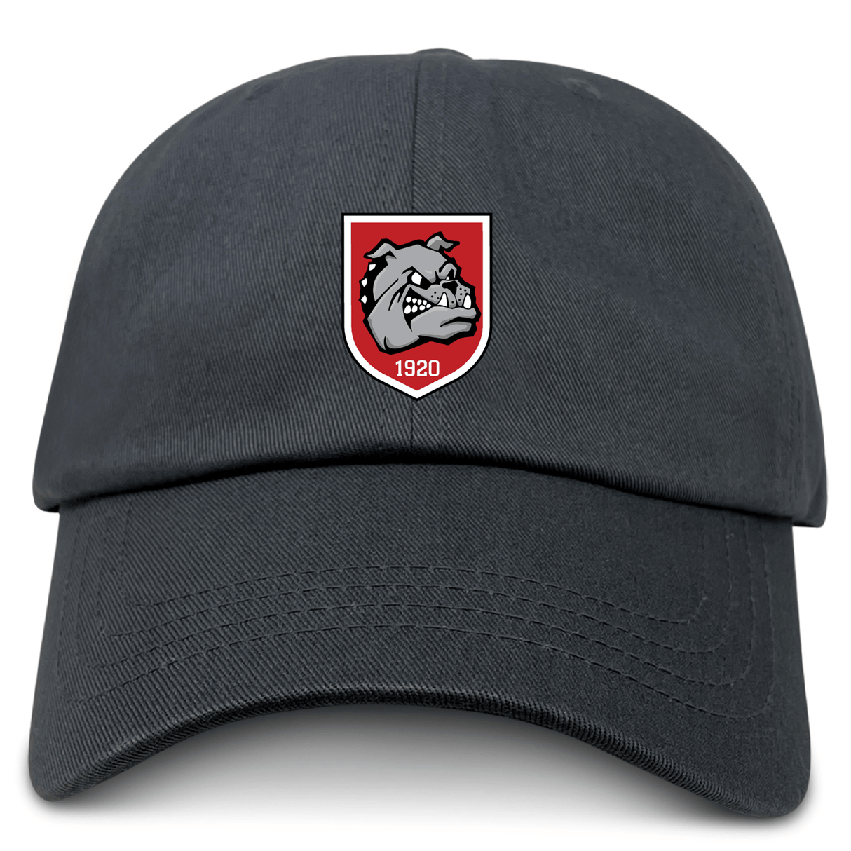 The AG Bulldogs Adult Low-Profile Cotton Twill Dad Cap by EMB S&S Activewear is a black cap with an embroidered shield emblem, bulldog face, and "1920" on the front.
