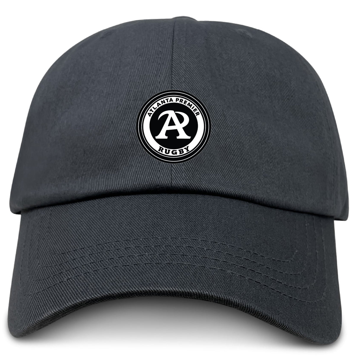 The EMB S&S Activewear Atlanta Premier Rugby Club Adult Low-Profile Cotton Twill Dad Cap features a black-and-white team logo on front—perfect for dedicated rugby fans.