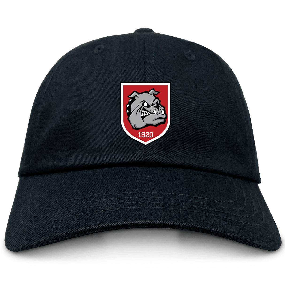 The AG Bulldogs Adult Low-Profile Cotton Twill Dad Cap by EMB S&S Activewear features embroidered team branding with a red and white shield, bulldog face, and "1920" on the front.