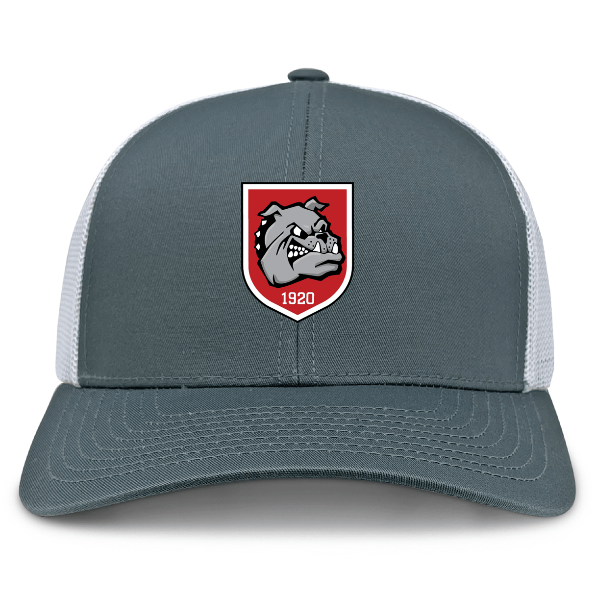 The AG Bulldogs Retro Trucker Cap by EMB S&S Activewear features a gray and white design, an embroidered bulldog logo with "1920" on a red shield, and an adjustable snapback closure for a perfect fit.