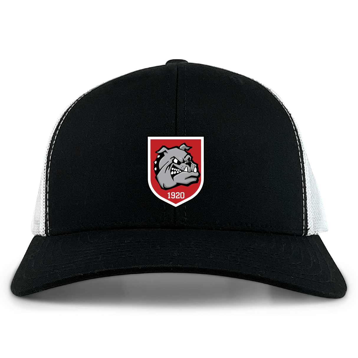 The AG Bulldogs Retro Trucker Cap by EMB S&S Activewear features a black and white design, embroidered bulldog logo with "1920" on a red shield, and an adjustable snapback closure.