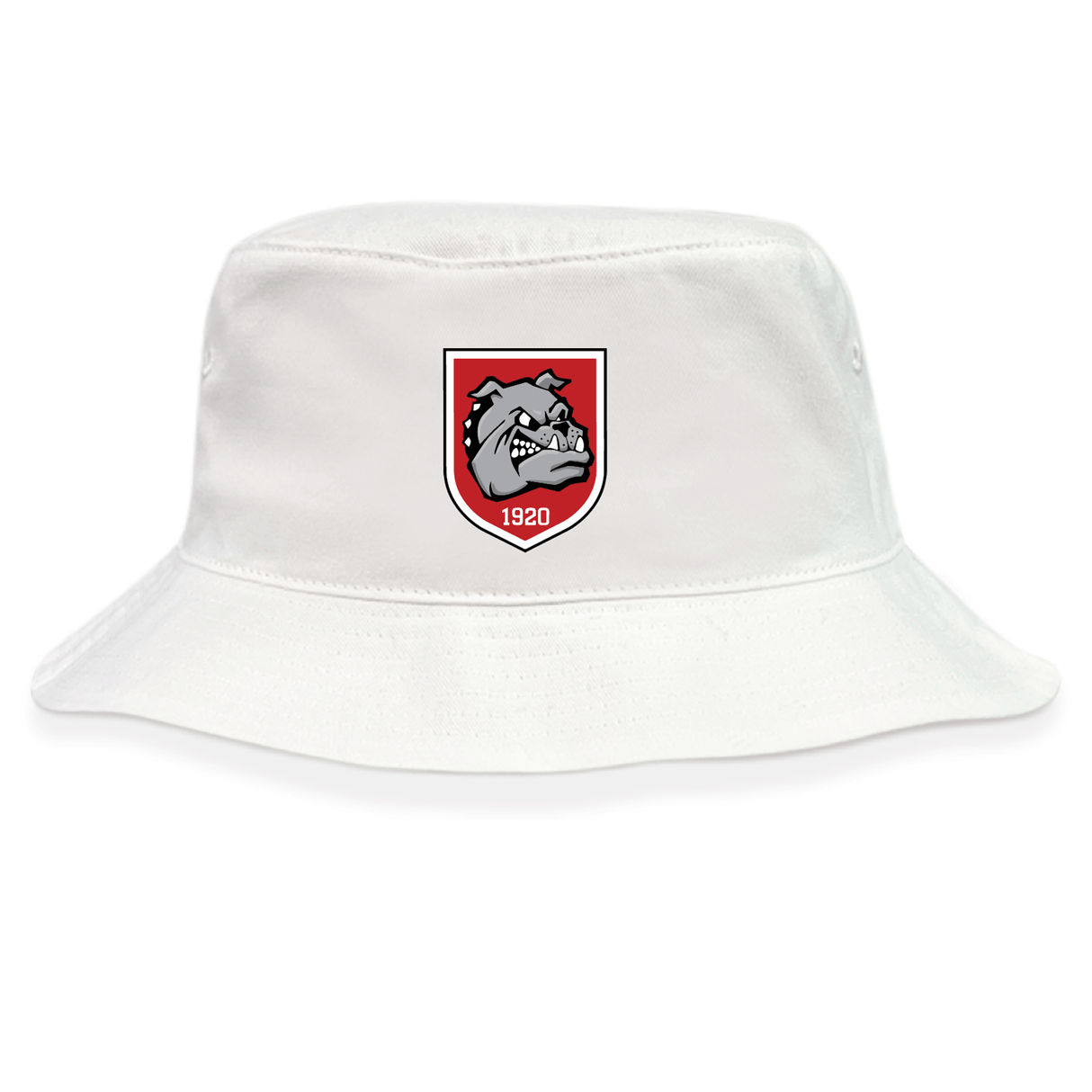 The AG Bulldogs Crusher Bucket Cap by EMB S&S Activewear is a white cotton twill hat featuring a red and white bulldog head patch with "1920" below, making it a stylish choice for sun protection.