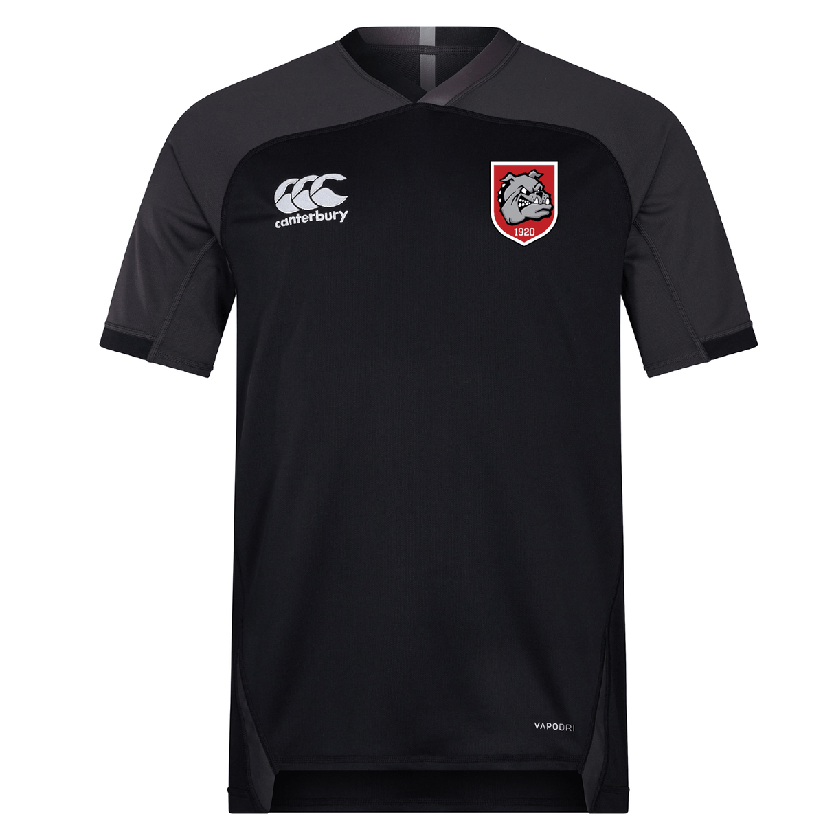 The AG Bulldogs Vapodri Evader Jersey by EMB Canterbury features short sleeves, a white Canterbury logo, a red and white bulldog team crest, and "Vapodri" text on the front to highlight its moisture-wicking technology.