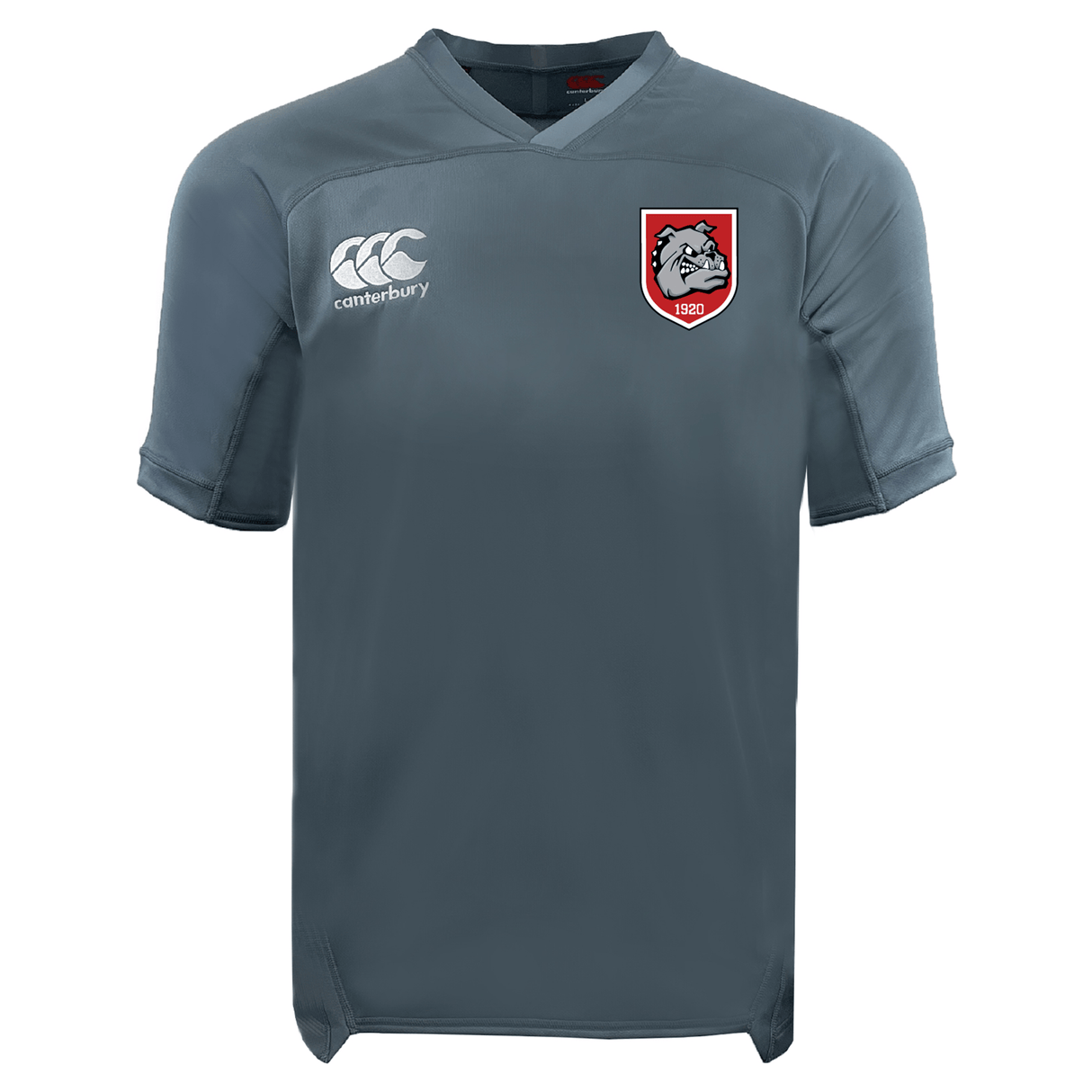 The EMB Canterbury AG Bulldogs Vapodri Evader Jersey is a grey short-sleeve top with a white right-chest logo, red and white bulldog emblem on the left, and moisture-wicking tech for all-day comfort.