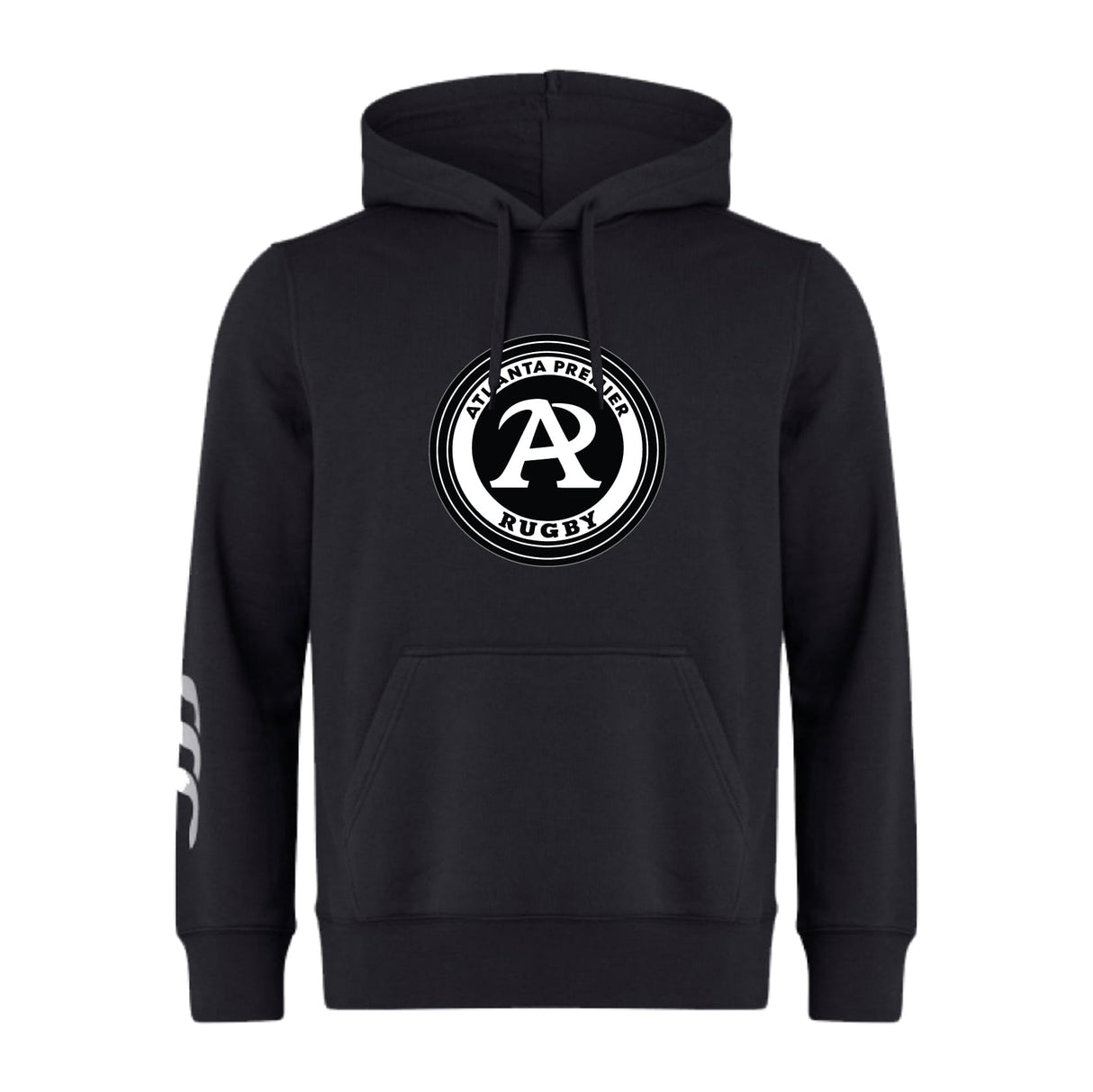 The Atlanta Premier Rugby Club Club Hoodie by WRS Canterbury is a black hoodie with a circular Atlanta Premier Rugby logo on the front and three white stripes on the left sleeve.
