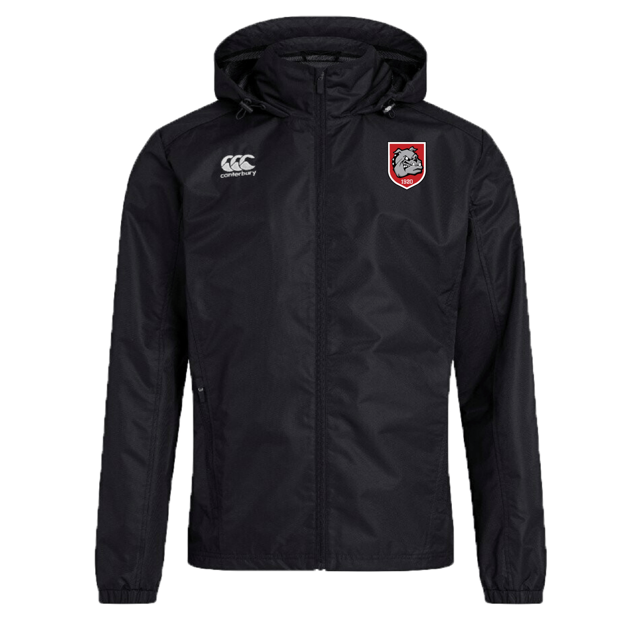 The EMB Canterbury AG Bulldogs Club Vaposhield Full Zip Rain Jacket features a black hood, white Canterbury logo on the right chest, bulldog emblem on the left, and water-resistant VapoShield technology.