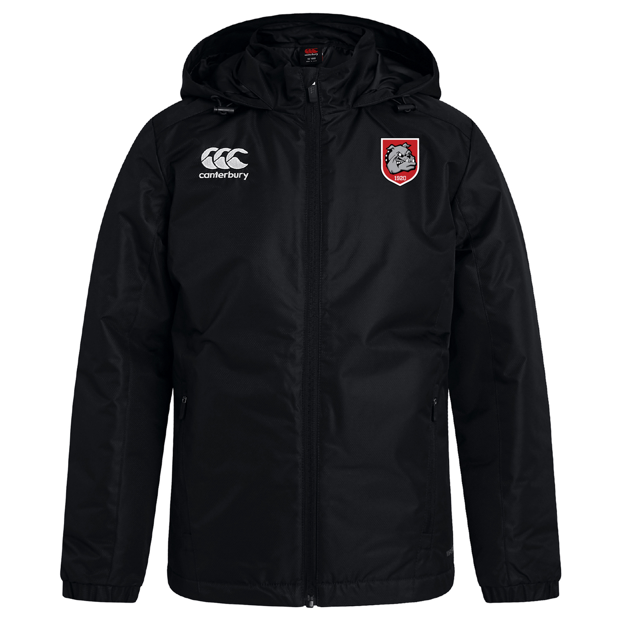 The AG Bulldogs Club Vaposhield Stadium Jacket by EMB Canterbury is a black, padded jacket with the Canterbury logo on the right chest and a shield-shaped bulldog badge on the left.
