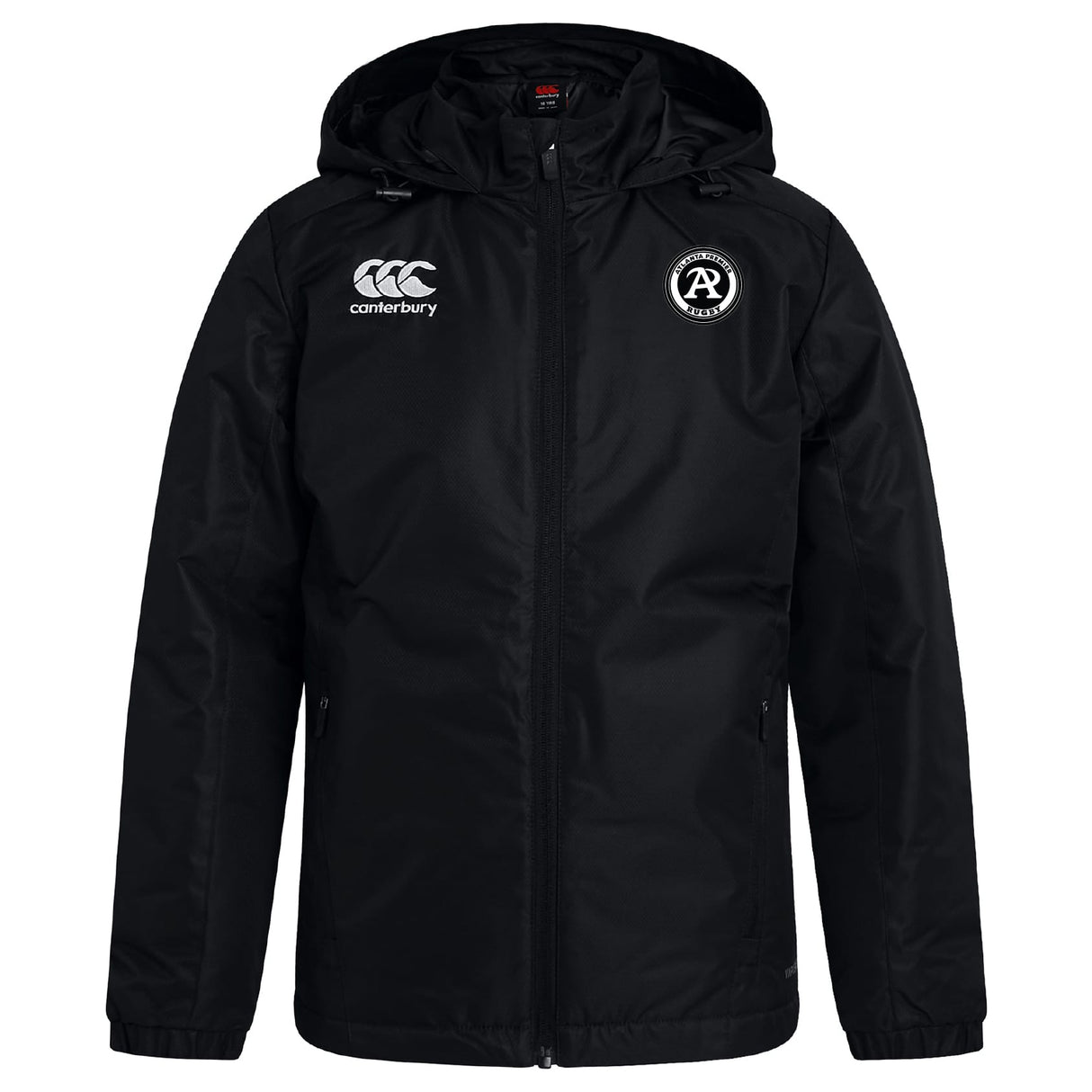 The Atlanta Premier Rugby Club Vaposhield Stadium Jacket by EMB Canterbury features a black hooded design, front zipper, padded insulation, Canterbury logo on the right chest, and a circular AP Rugby badge on the left chest.