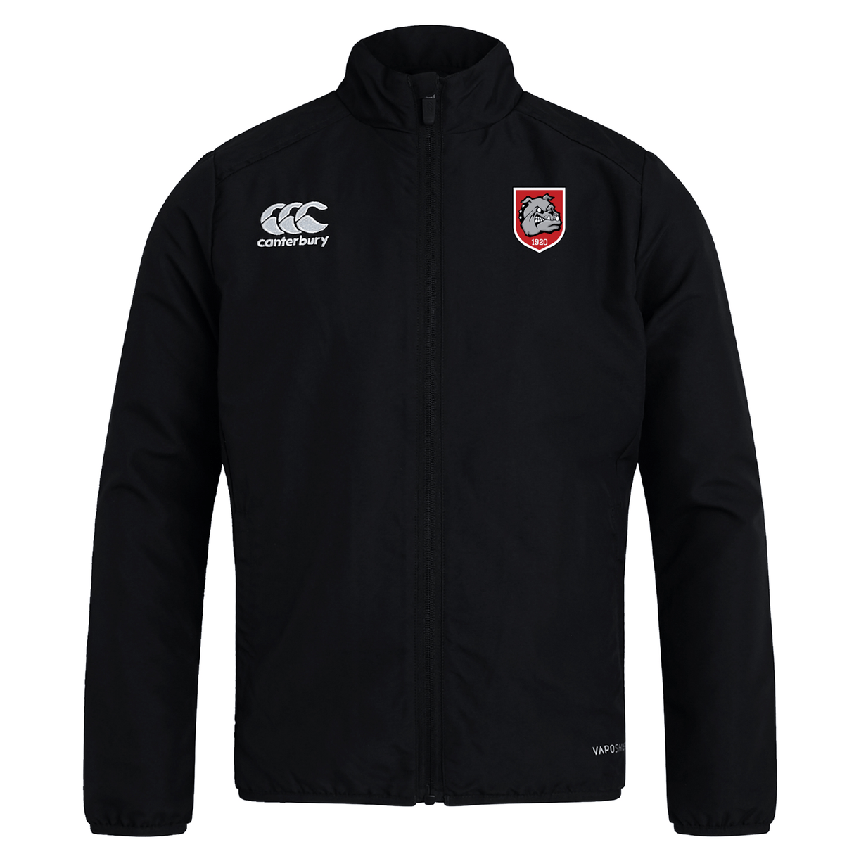 The AG Bulldogs Club Track Jacket by EMB Canterbury is a black lightweight jacket with long sleeves, featuring a white Canterbury logo on the right chest and a red-and-white bulldog crest on the left.